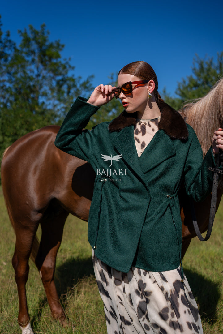 Elegant Women’s Coat with Alpaca Lama Fabric and Mink Fur Collar -9434-