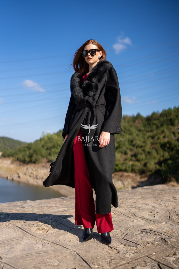 Alpaca Wool Fabric | Embroidered Sleeves &amp; Fox Fur Collar