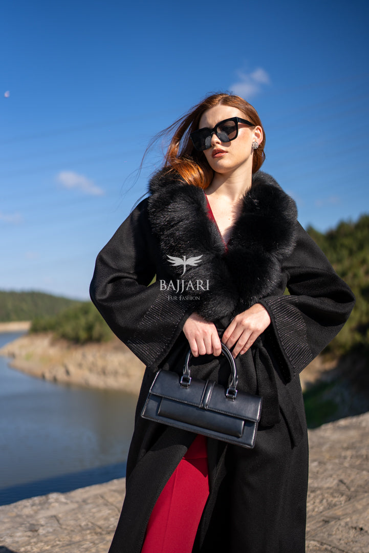 Alpaca Wool Fabric | Embroidered Sleeves &amp; Fox Fur Collar