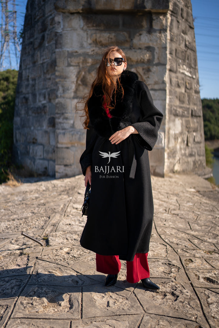 Alpaca Wool Fabric | Embroidered Sleeves &amp; Fox Fur Collar