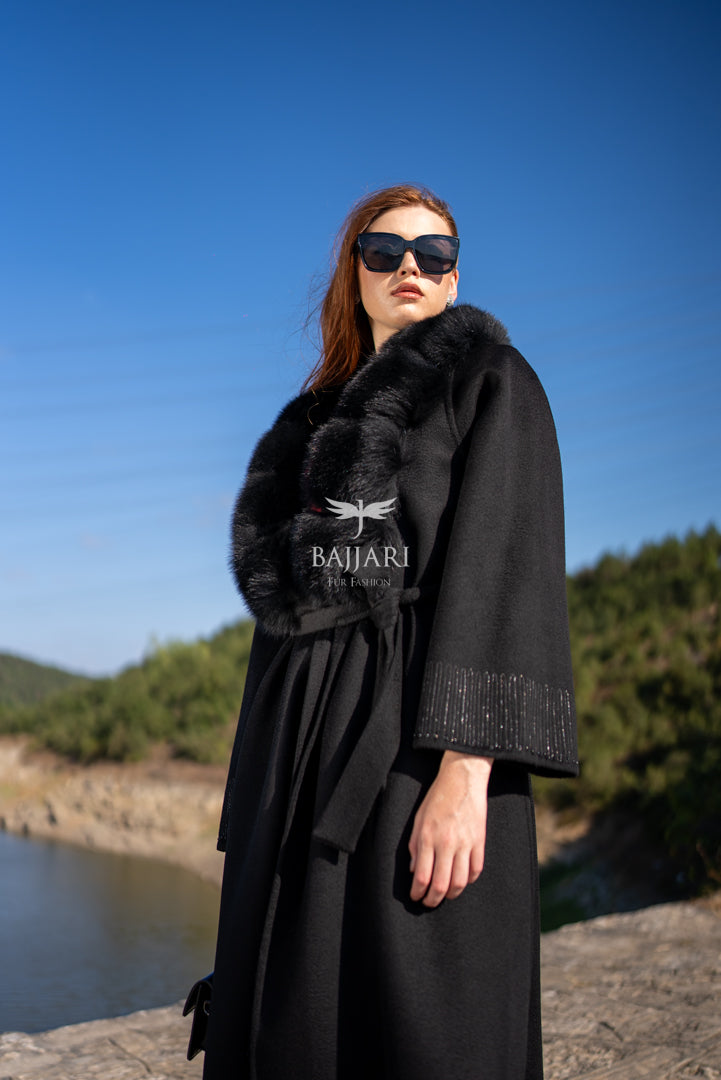 Alpaca Wool Fabric | Embroidered Sleeves &amp; Fox Fur Collar
