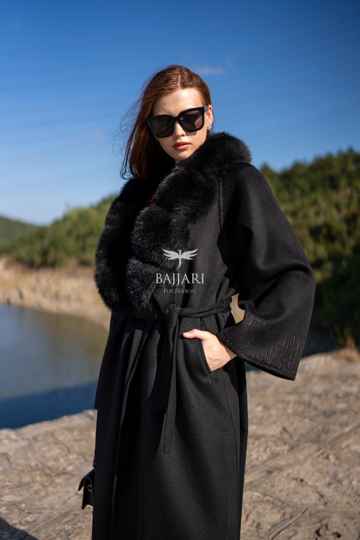 Alpaca Wool Fabric | Embroidered Sleeves &amp; Fox Fur Collar