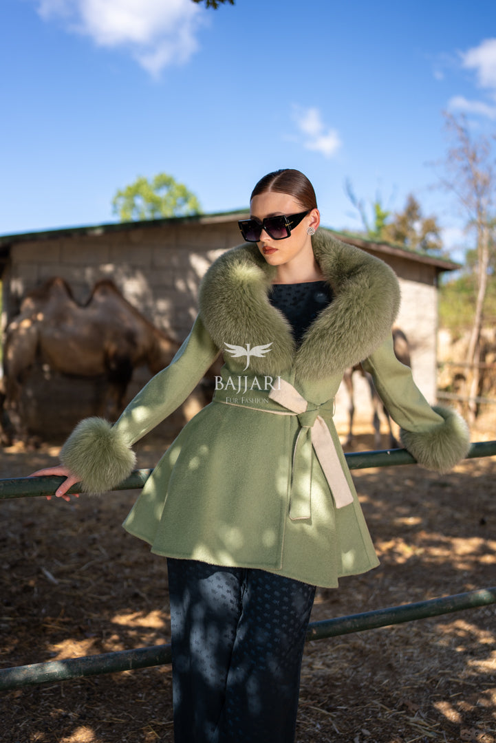 Alpaca Wool Fabric | Fox Fur Collar &amp; Cuff Detail | Flared Cut -3895-