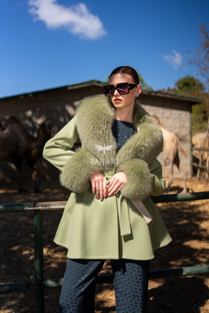 Alpaca Wool Fabric | Fox Fur Collar &amp; Cuff Detail | Flared Cut -3895-