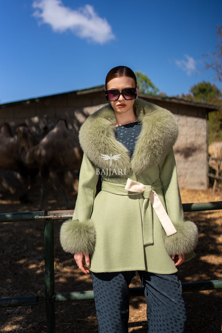Alpaca Wool Fabric | Fox Fur Collar &amp; Cuff Detail | Flared Cut -3895-