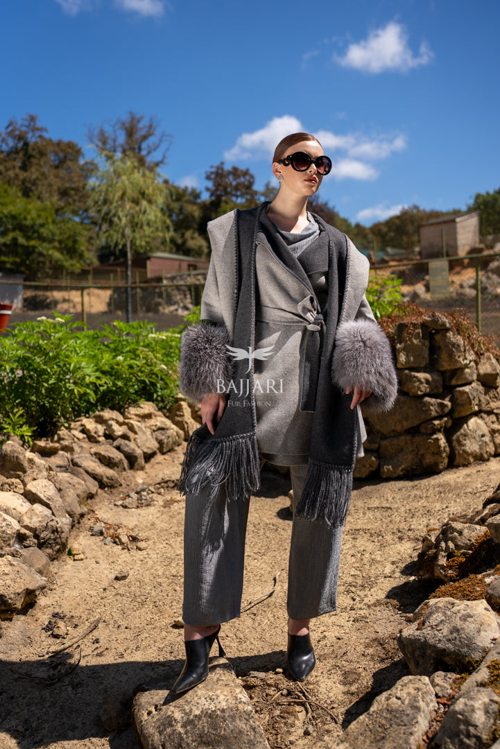 Alpaca Wool Jacket with Frost Fox Fur Sleeves, Scarf, and Hood -9485-