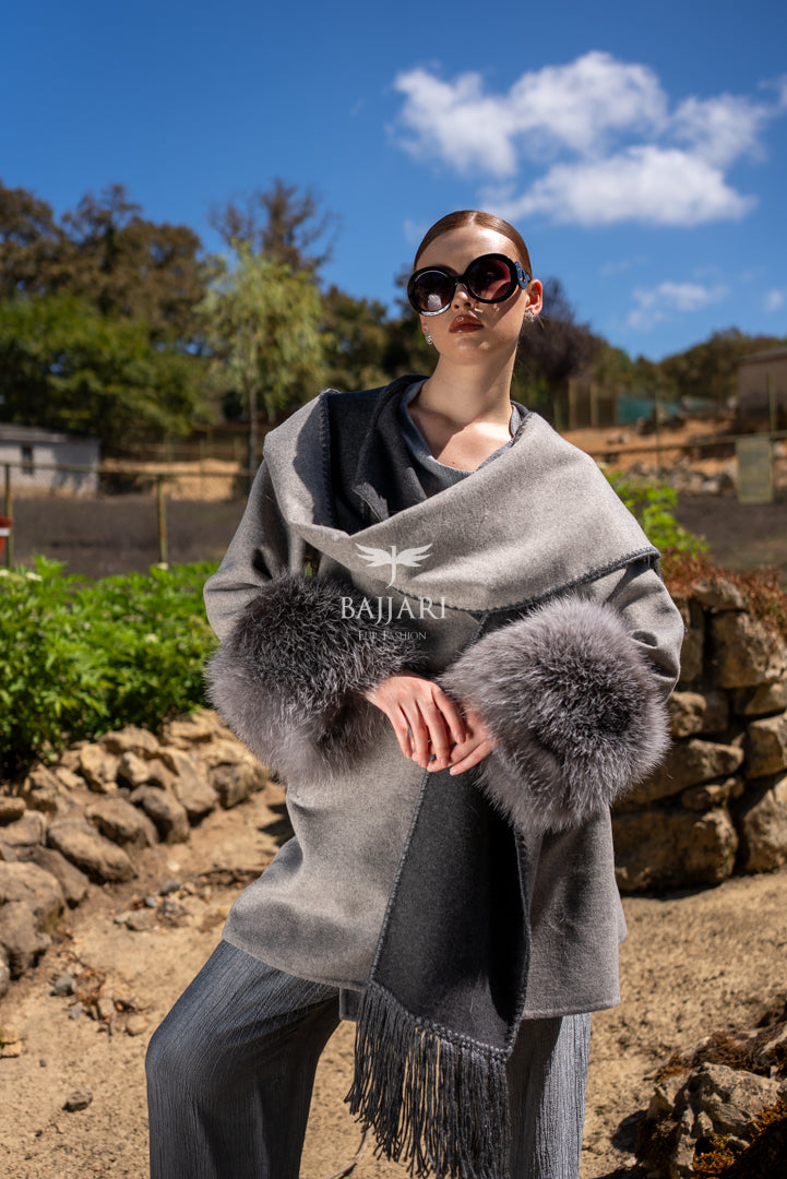 Alpaca Wool Jacket with Frost Fox Fur Sleeves, Scarf, and Hood -9485-