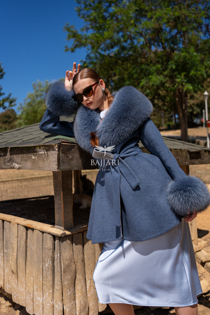 Alpaca Wool Fabric | Fox Fur Collar &amp; Cuff Detail | Flared Cut -3895-