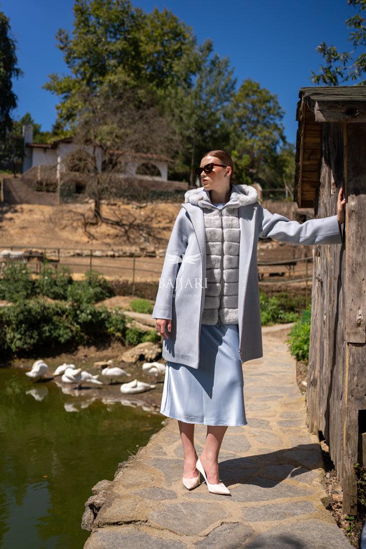 Exclusive Design Coat with Cashmere Fabric and Full Rabbit Fur Hood -1362-