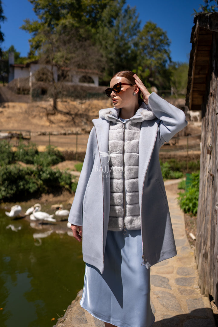 Exclusive Design Coat with Cashmere Fabric and Full Rabbit Fur Hood -1362-