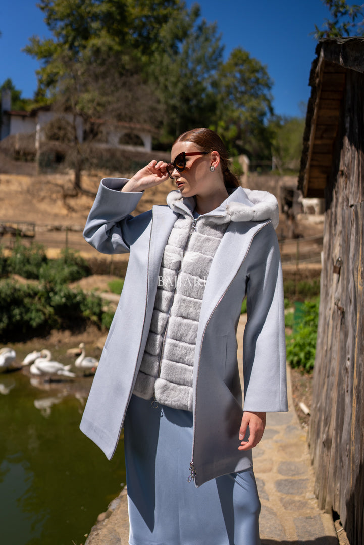 Exclusive Design Coat with Cashmere Fabric and Full Rabbit Fur Hood -1362-