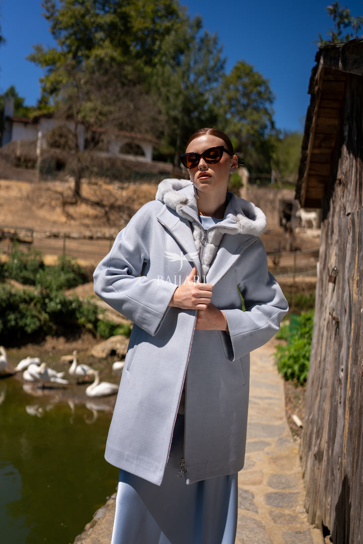 Exclusive Design Coat with Cashmere Fabric and Full Rabbit Fur Hood -1362-