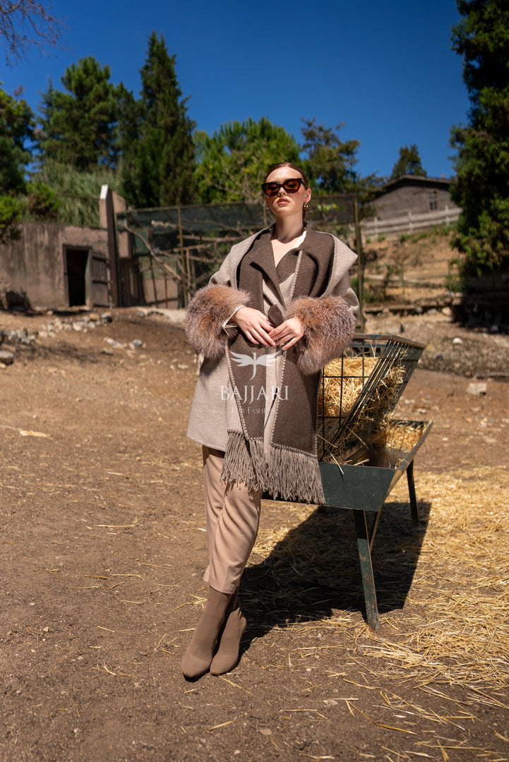 Alpaca Wool Jacket with Frost Fox Fur Sleeves, Scarf, and Hood -9485-