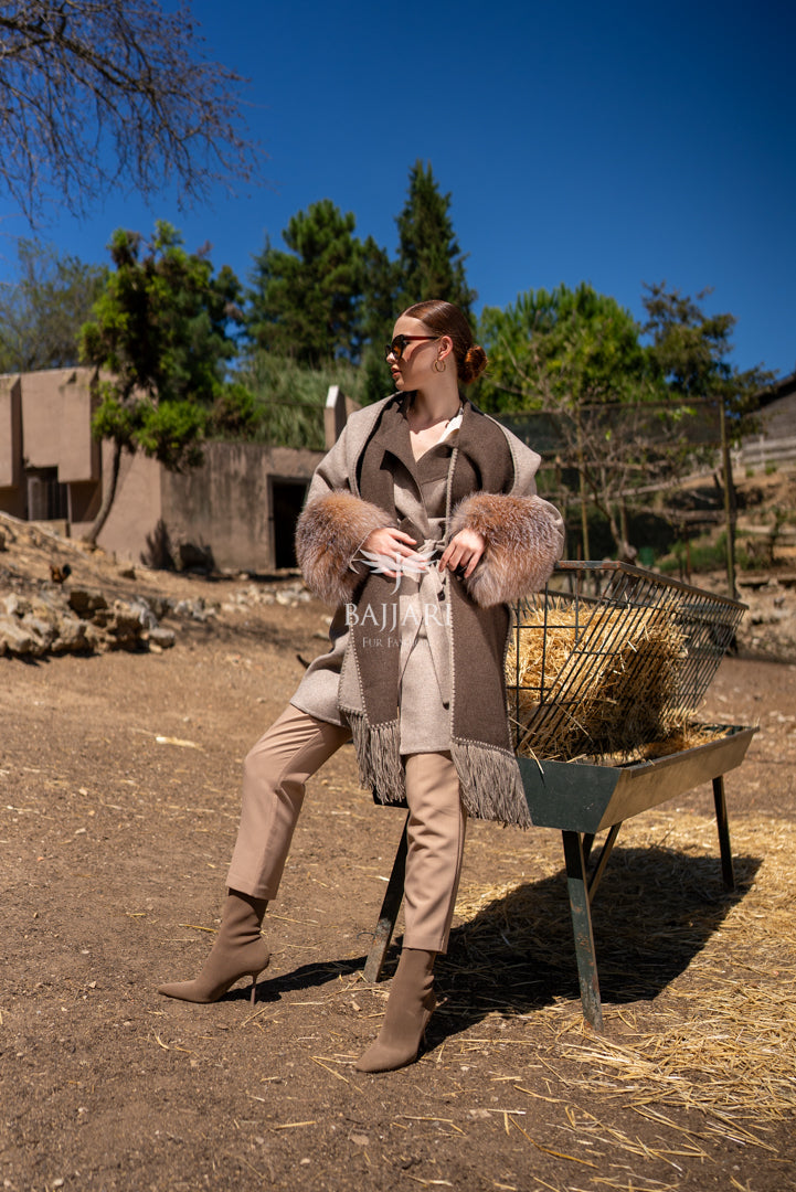 Alpaca Wool Jacket with Frost Fox Fur Sleeves, Scarf, and Hood -9485-