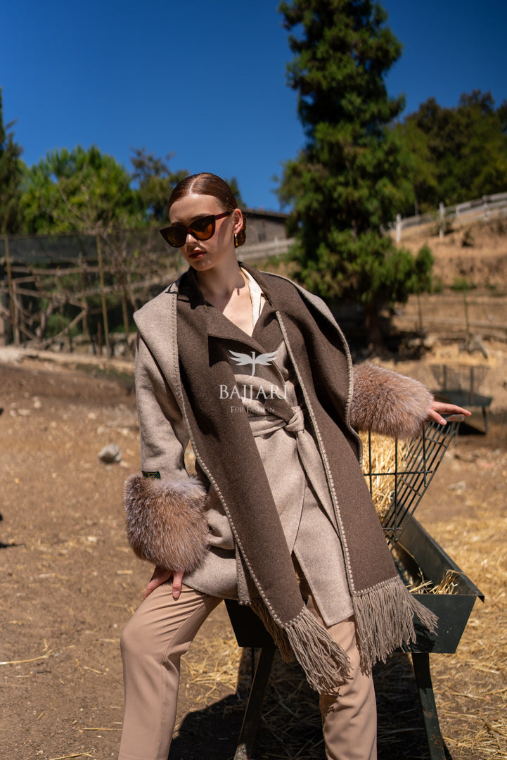 Alpaca Wool Jacket with Frost Fox Fur Sleeves, Scarf, and Hood -9485-
