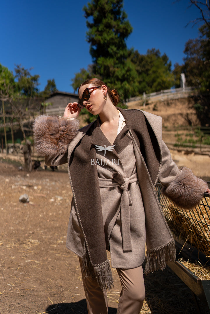 Alpaca Wool Jacket with Frost Fox Fur Sleeves, Scarf, and Hood -9485-