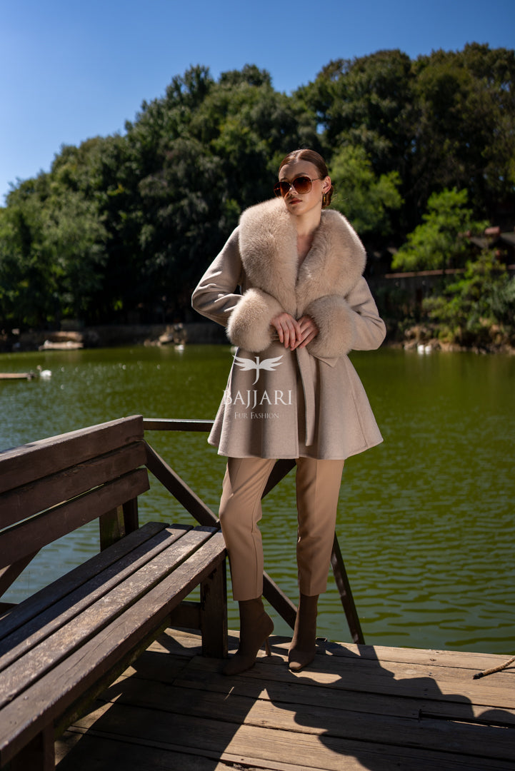 Alpaca Wool Fabric | Fox Fur Collar &amp; Cuff Detail | Flared Cut -3895-