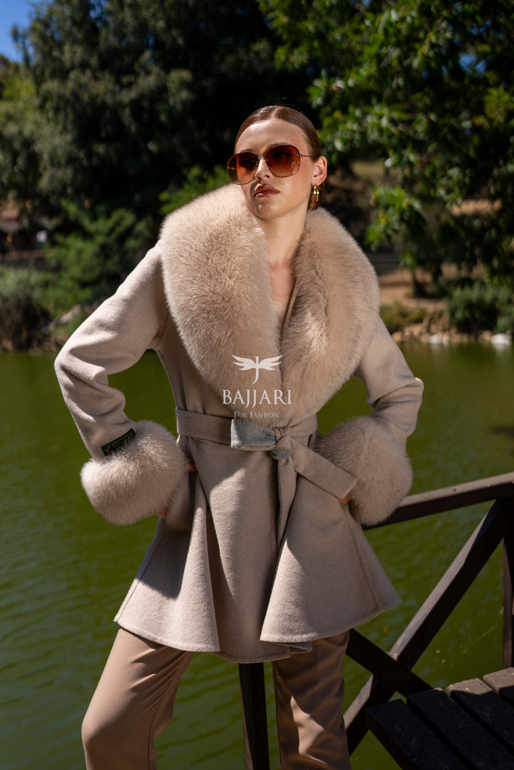 Alpaca Wool Fabric | Fox Fur Collar &amp; Cuff Detail | Flared Cut -3895-