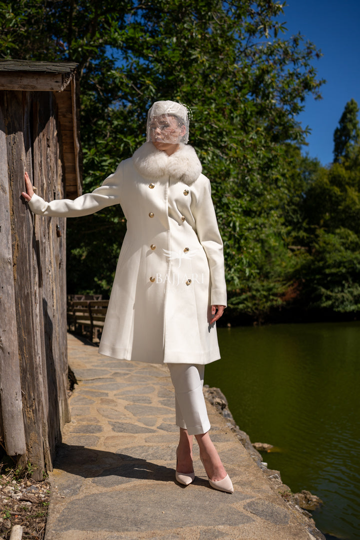 Cashmere Fabric | Gold Button Front &amp; Fox Fur Collar  -1307-