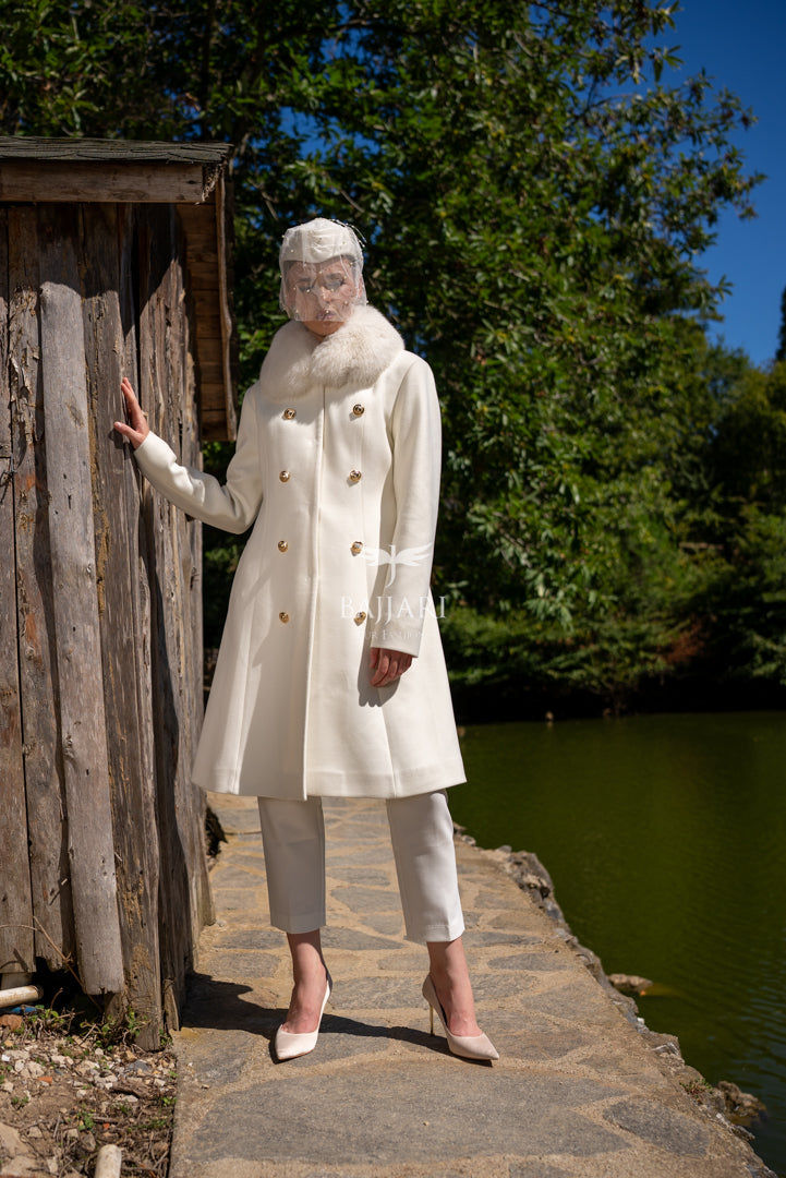 Cashmere Fabric | Gold Button Front &amp; Fox Fur Collar  -1307-