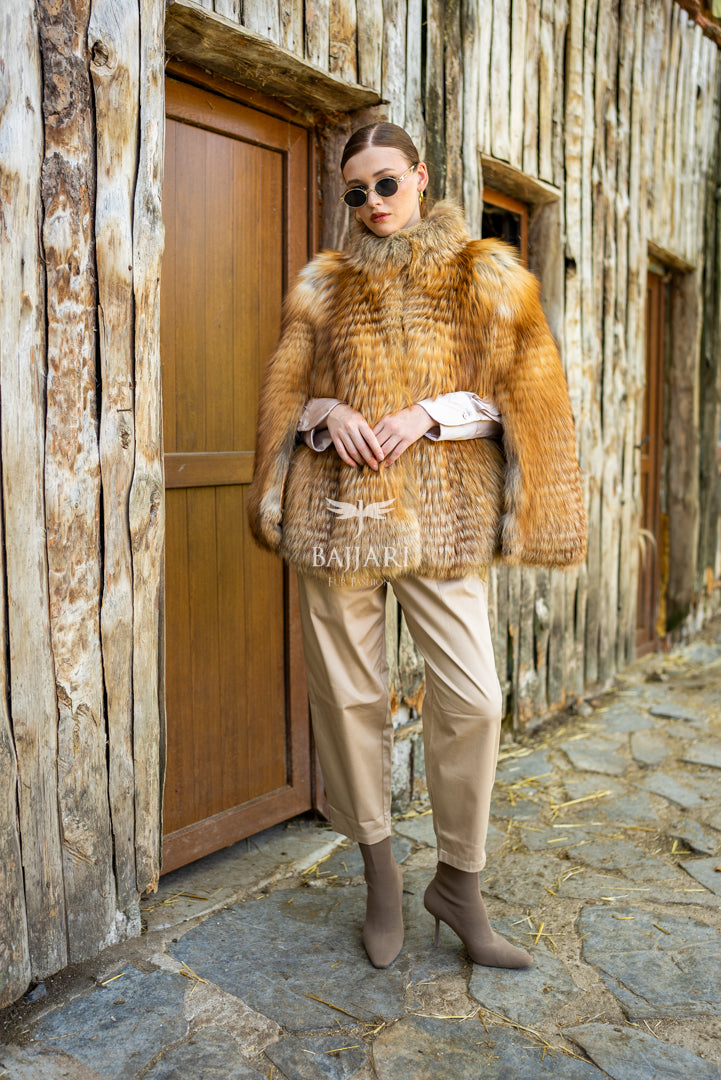 Elegant Women's Golden Fox Fur Coat with Doll Collar -1996-