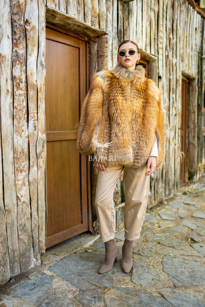 Elegant Women's Golden Fox Fur Coat with Doll Collar -1996-