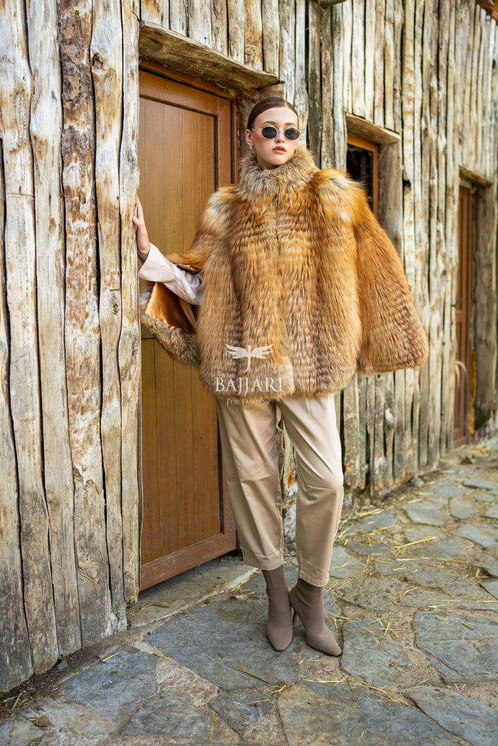 Elegant Women's Golden Fox Fur Coat with Doll Collar -1996-