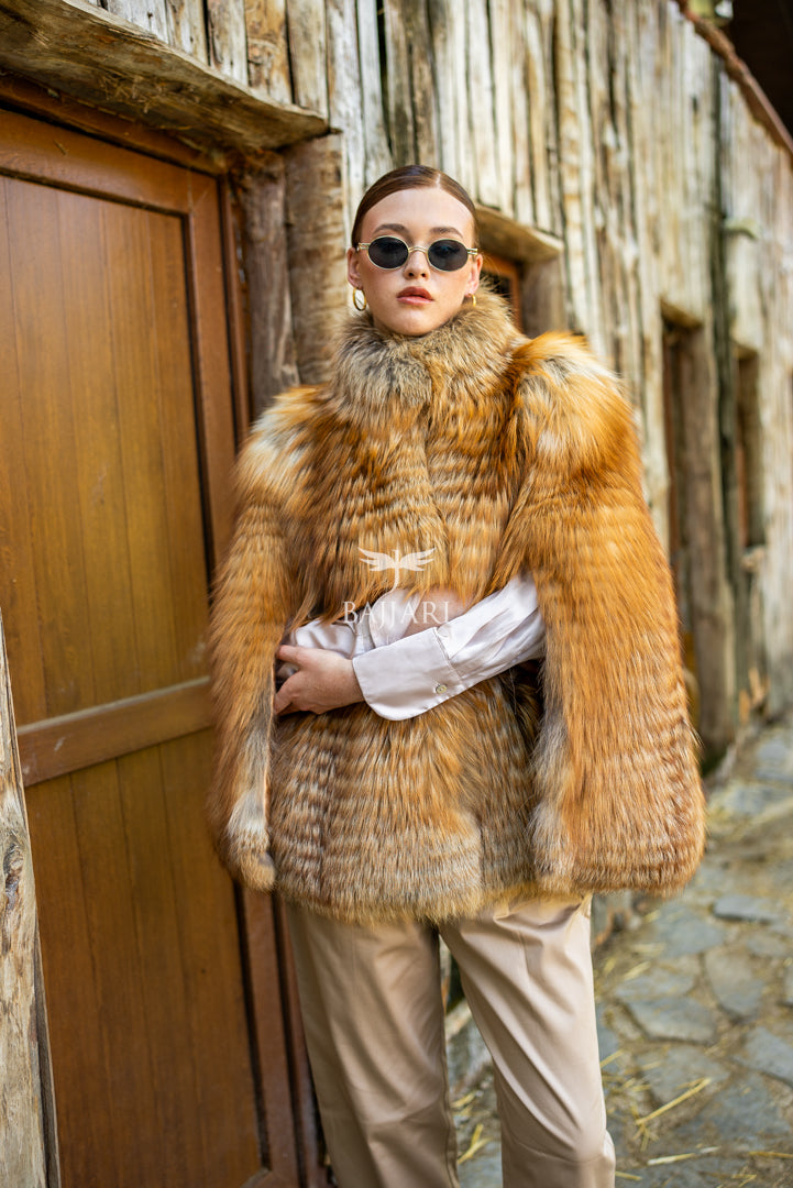 Elegant Women's Golden Fox Fur Coat with Doll Collar -1996-