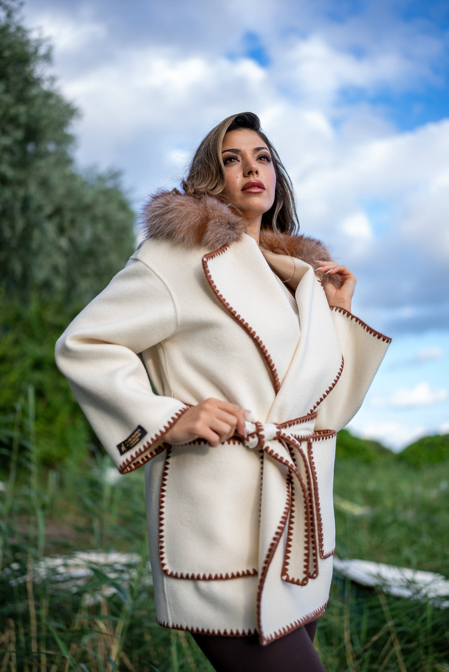 Alpaca Wool Fabric Jacket with Frost Fox Fur and Special Embroidery -9467-