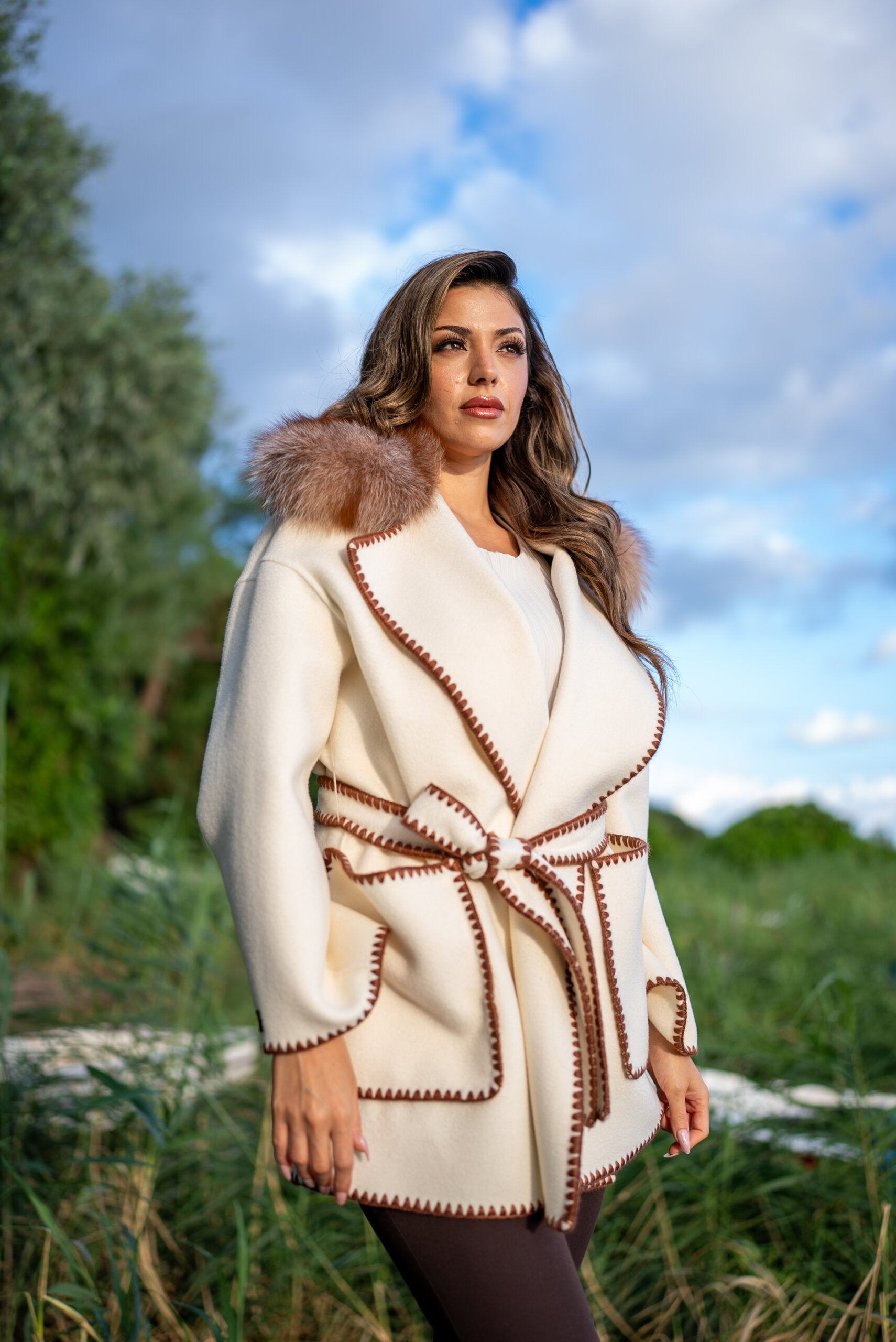 Alpaca Wool Fabric Jacket with Frost Fox Fur and Special Embroidery -9467-