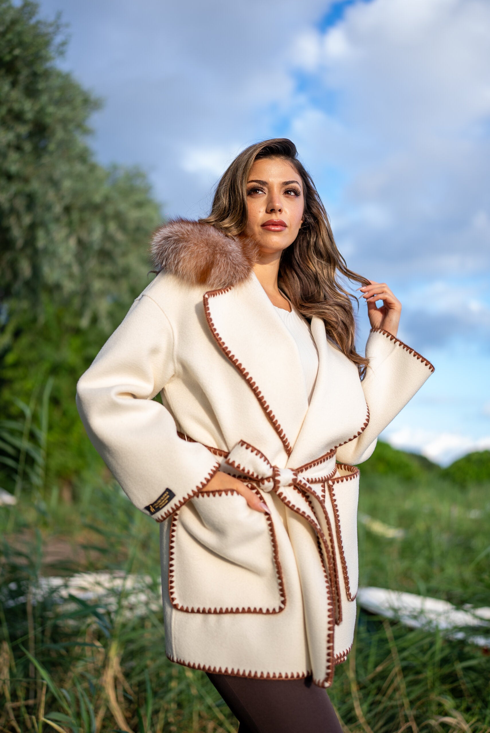 Alpaca Wool Fabric Jacket with Frost Fox Fur and Special Embroidery -9467-