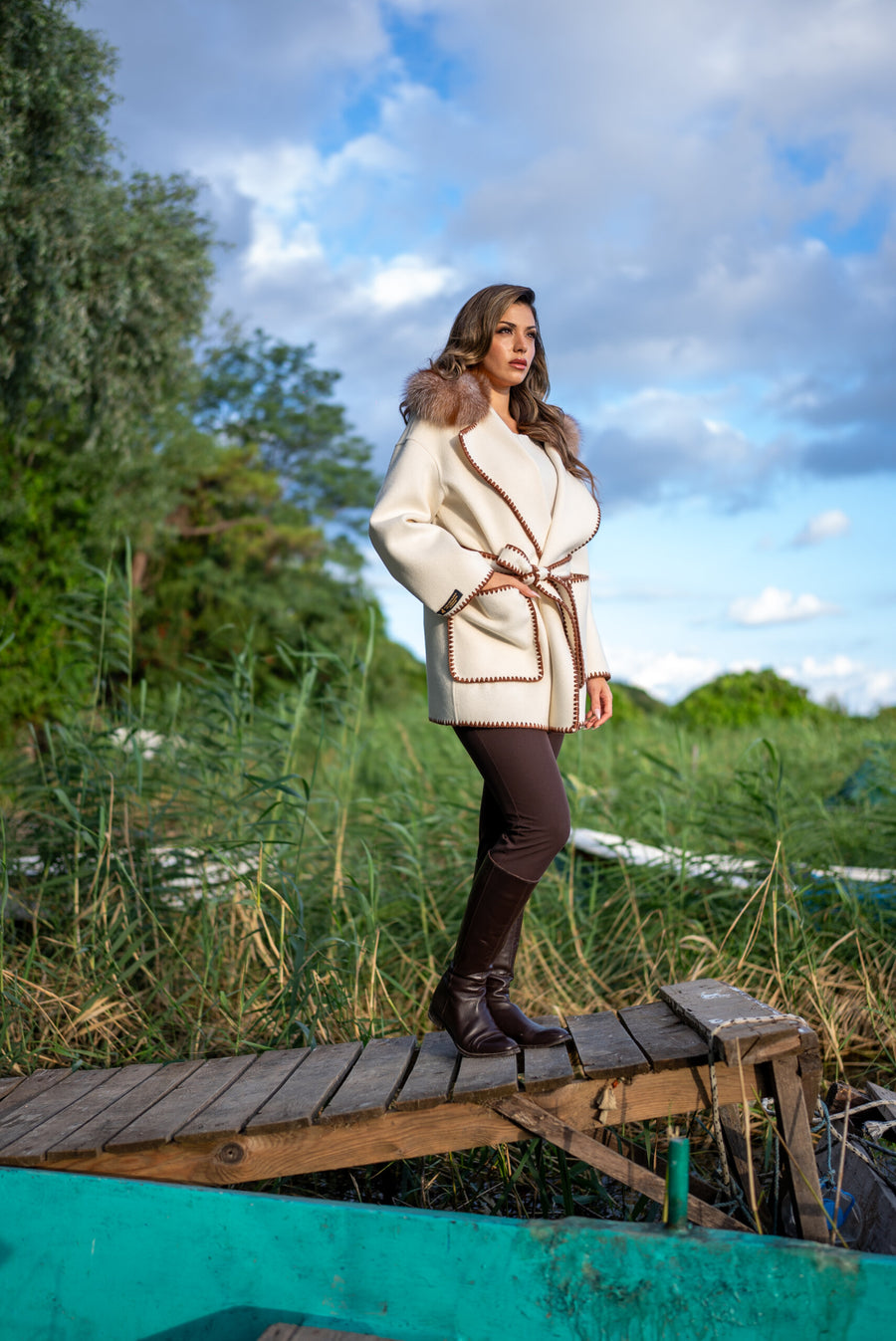 Alpaca Wool Fabric Jacket with Frost Fox Fur and Special Embroidery -9467-