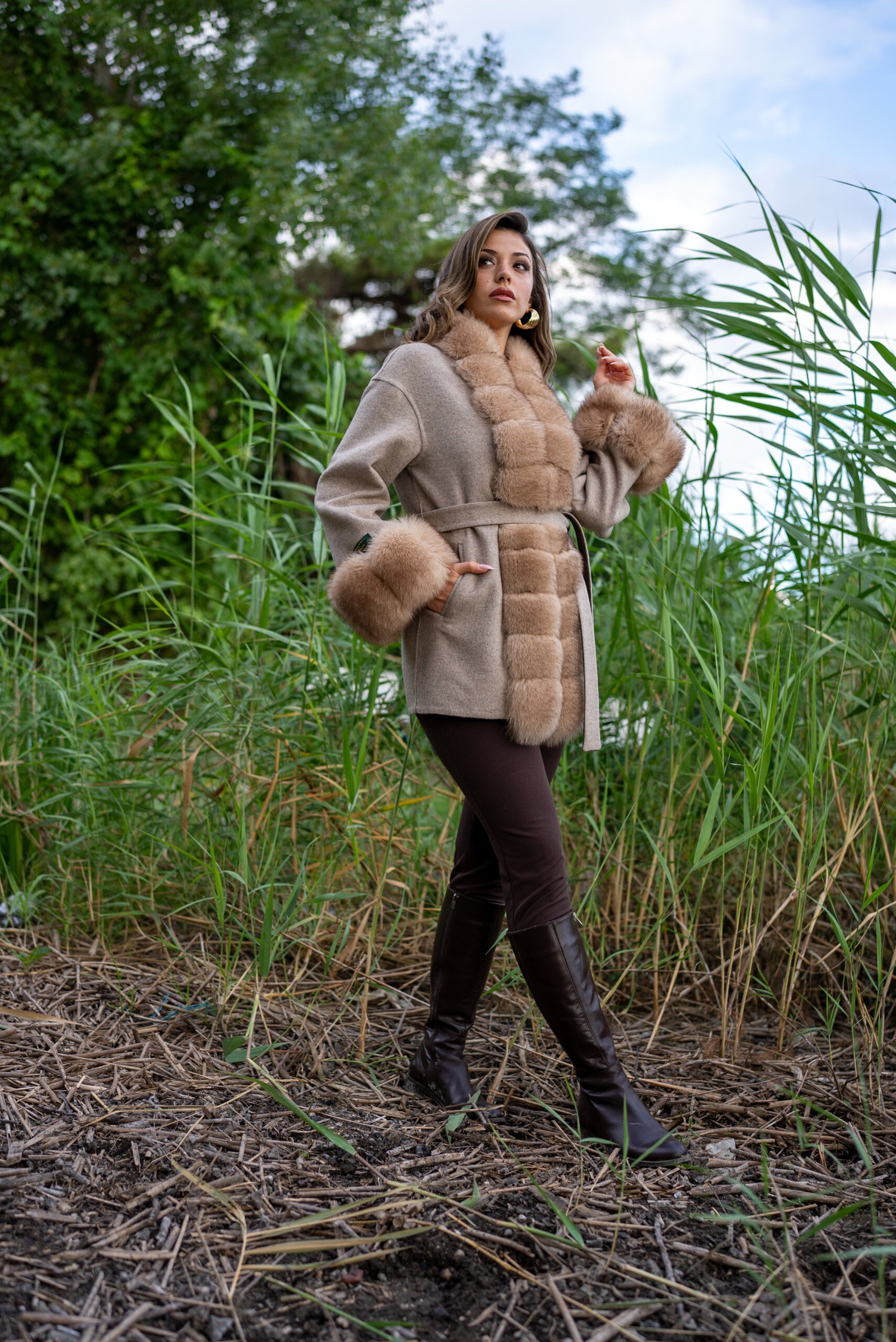 Short Women’s Coat Made from Alpaca Wool with Patchwork Fox Fur on Front and Sleeves  -9454-