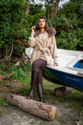 Women’s Coat with Cashmere Fabric, Frost Fox Fur Collar, and Knitted Sleeves -1319-