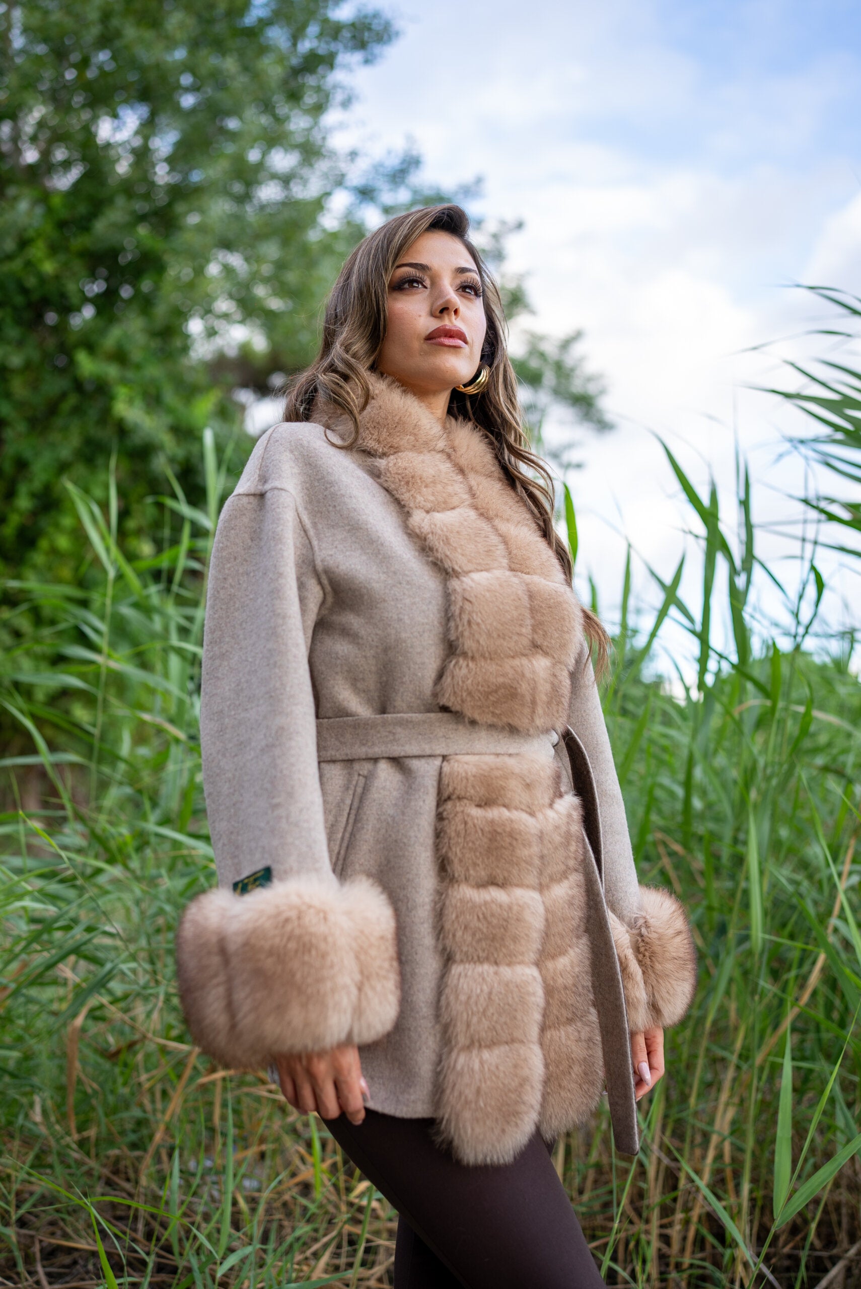 Short Women’s Coat Made from Alpaca Wool with Patchwork Fox Fur on Front and Sleeves  -9454-