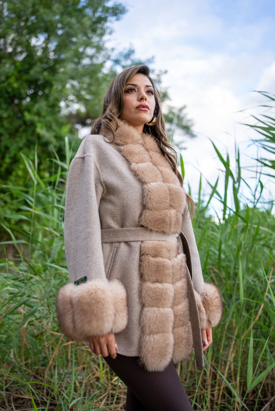 Short Women’s Coat Made from Alpaca Wool with Patchwork Fox Fur on Front and Sleeves  -9454-