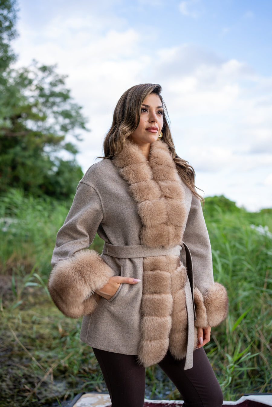 Short Women’s Coat Made from Alpaca Wool with Patchwork Fox Fur on Front and Sleeves  -9454-