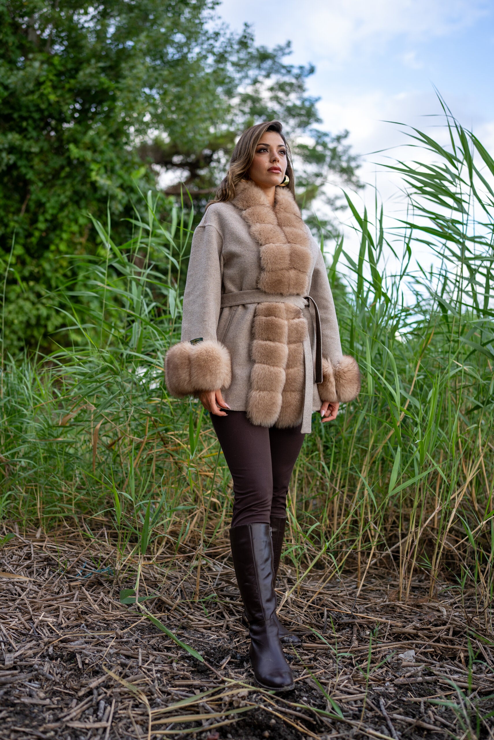 Short Women’s Coat Made from Alpaca Wool with Patchwork Fox Fur on Front and Sleeves  -9454-