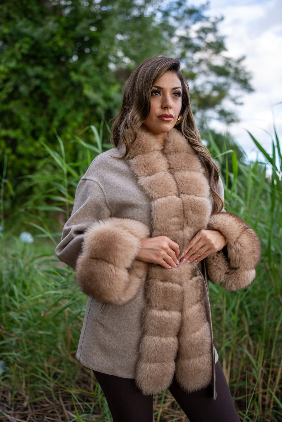 Short Women’s Coat Made from Alpaca Wool with Patchwork Fox Fur on Front and Sleeves  -9454-