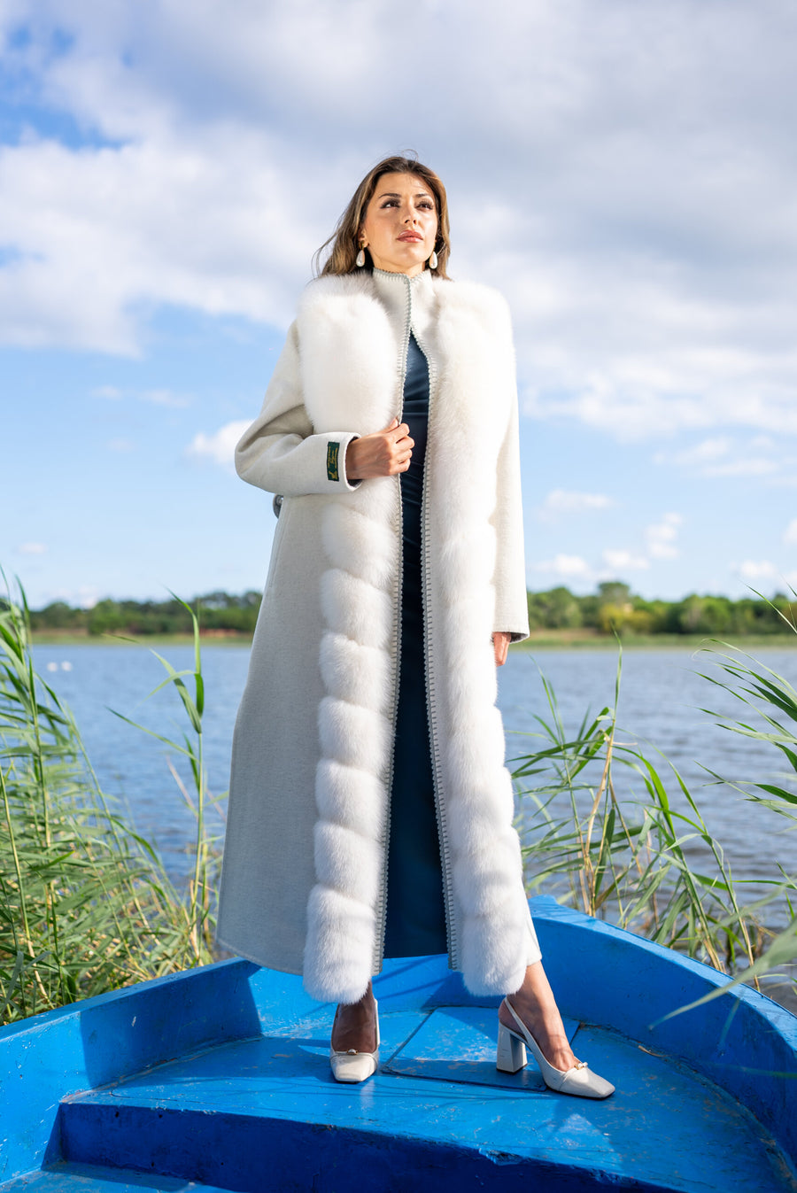 Women’s Coat Made from Alpaca Wool with Full Fox Fur Front and Special Embroidery -9483-