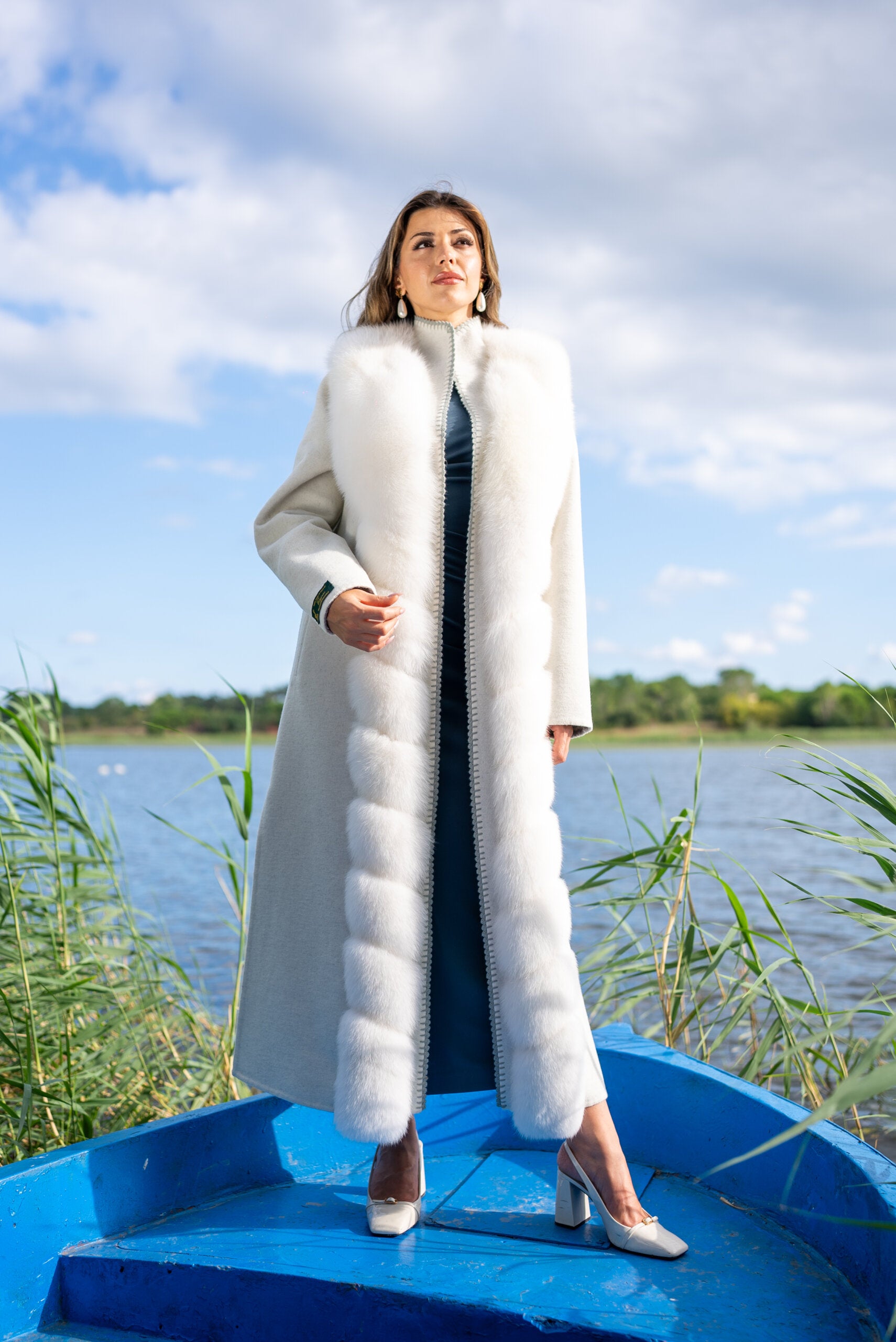 Women’s Coat Made from Alpaca Wool with Full Fox Fur Front and Special Embroidery -9483-