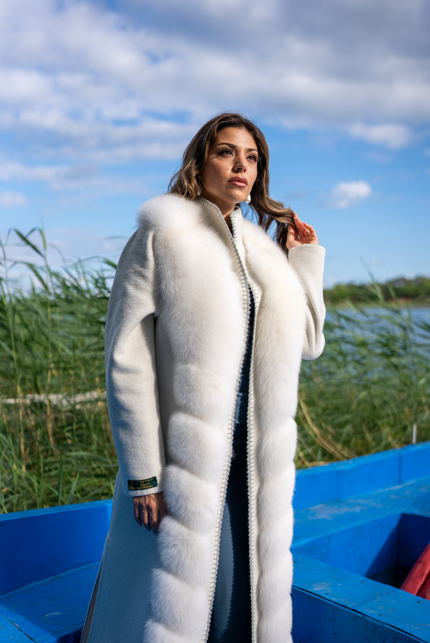 Women’s Coat Made from Alpaca Wool with Full Fox Fur Front and Special Embroidery -9483-