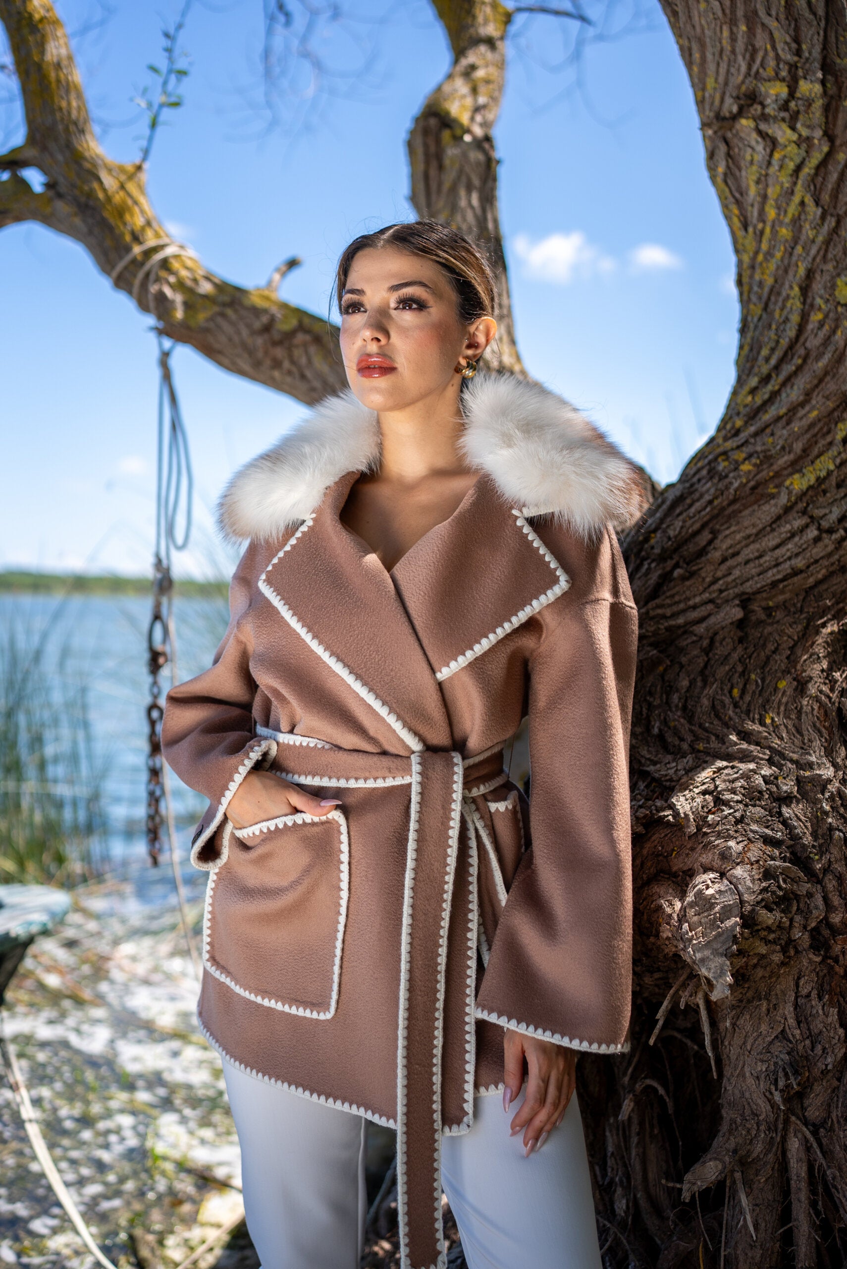 Alpaca Wool Fabric Jacket with Frost Fox Fur and Special Embroidery -9467-