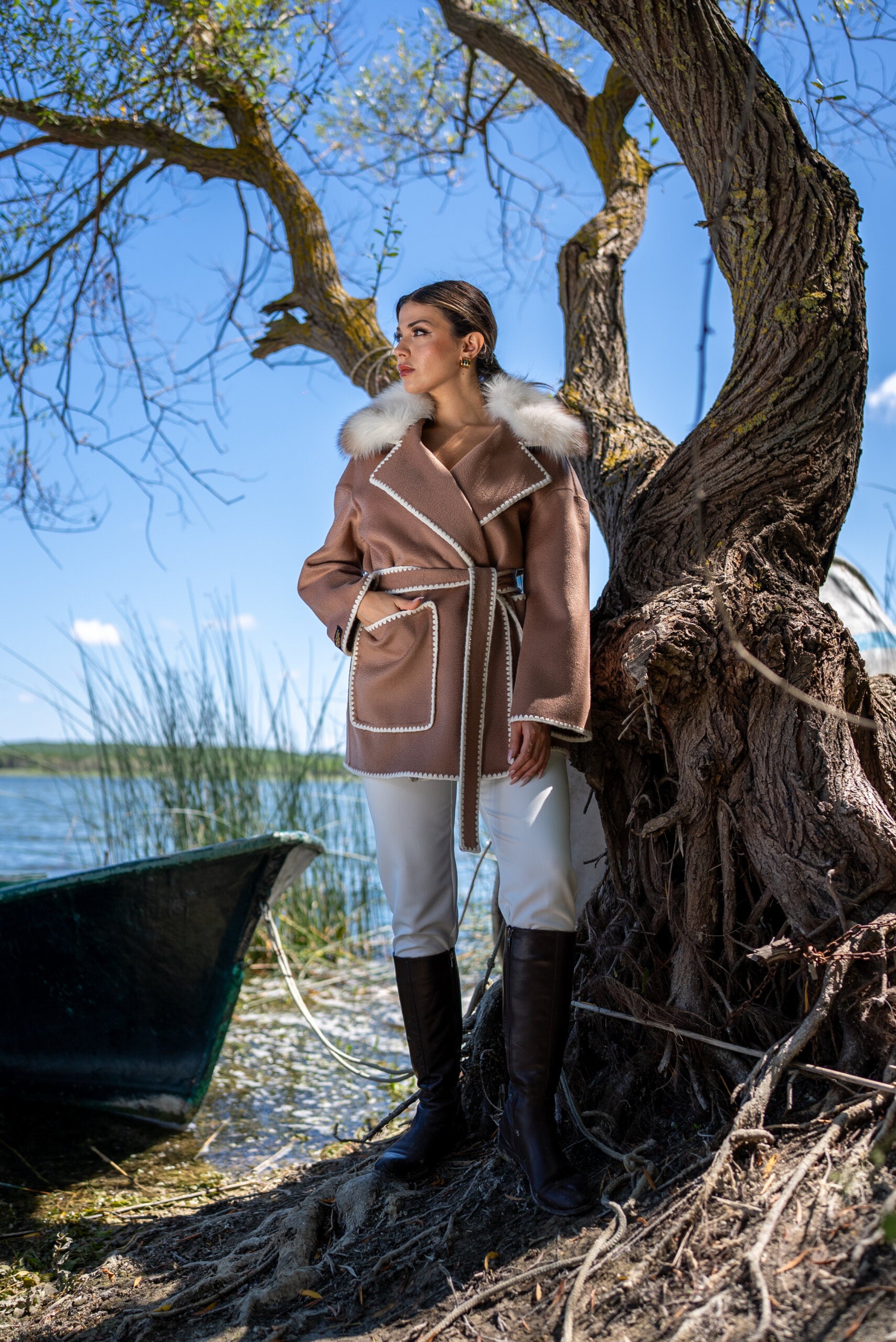 Alpaca Wool Fabric Jacket with Frost Fox Fur and Special Embroidery -9467-