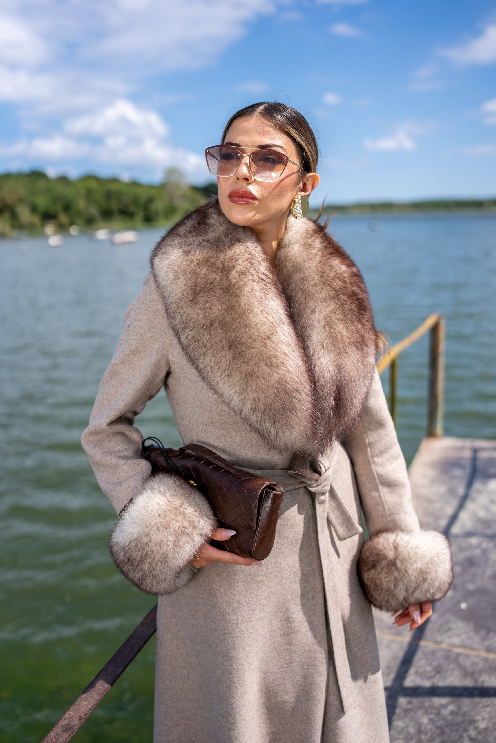Alpaca Wool Fabric Jacket with Fox Fur Accents -3895 F-