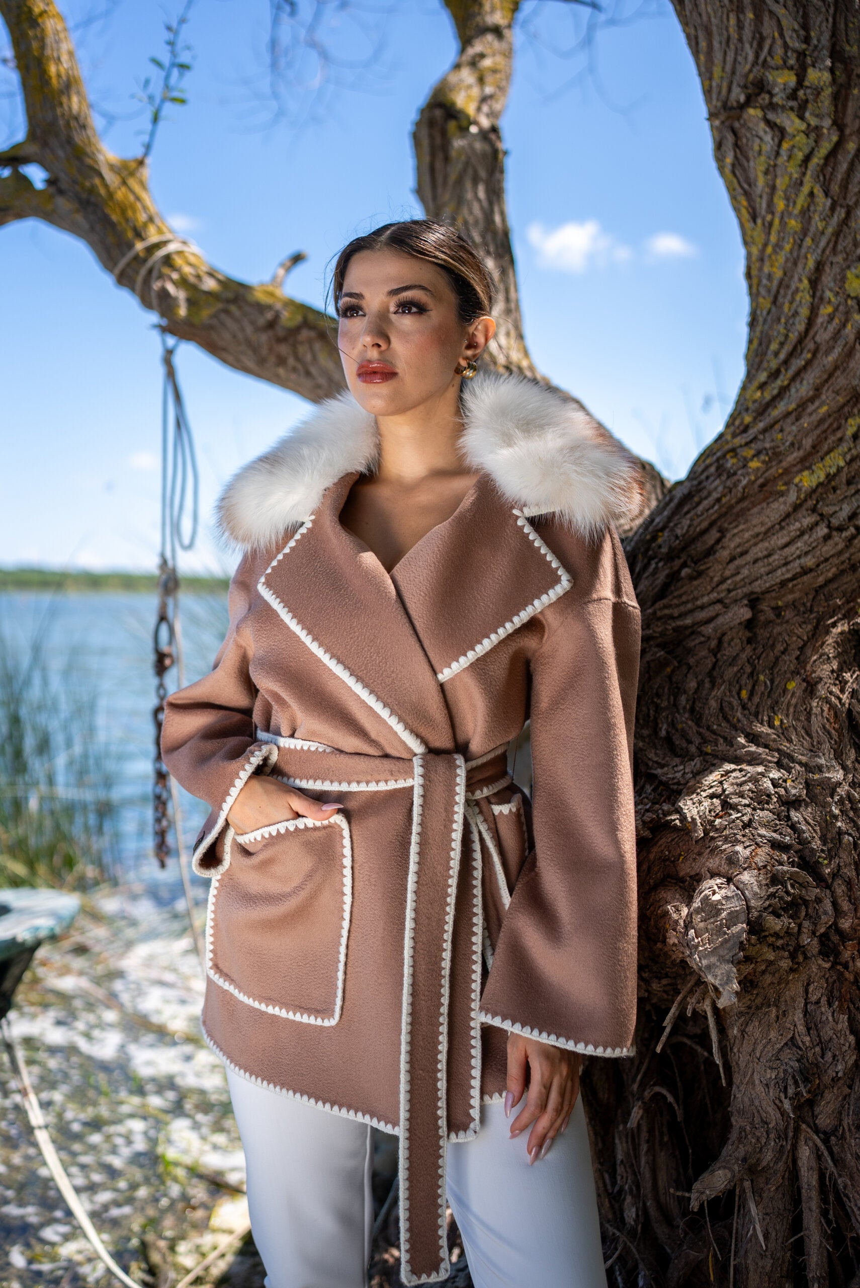 Alpaca Wool Fabric Jacket with Frost Fox Fur and Special Embroidery -9467-