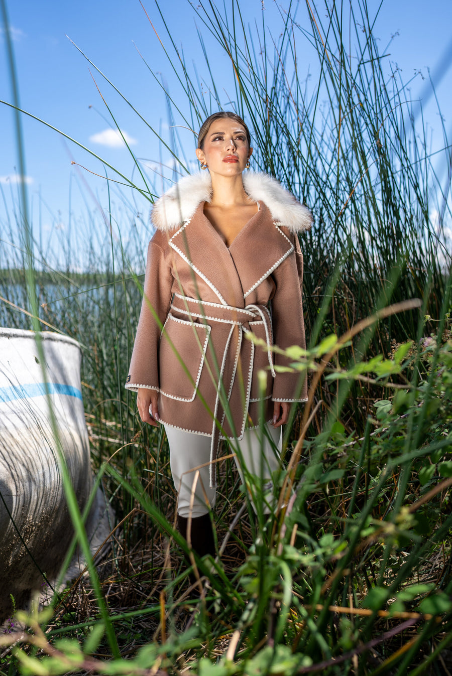 Alpaca Wool Fabric Jacket with Frost Fox Fur and Special Embroidery -9467-
