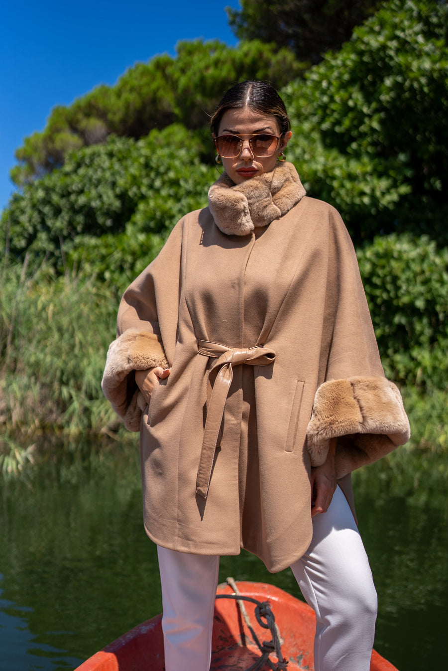 Elegant Cashmere Cape with Rabbit Fur Collar &amp; Cuffs -1337-