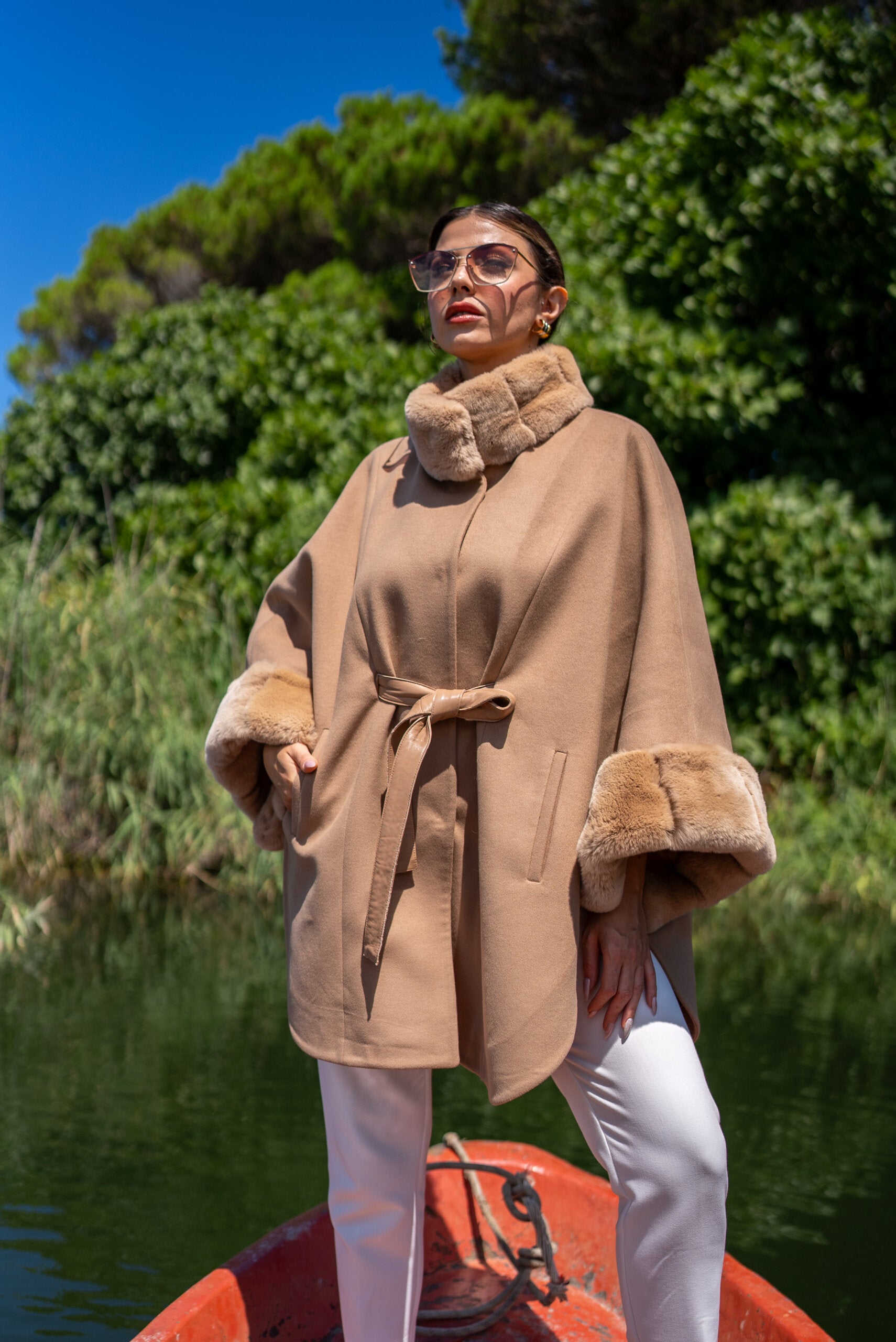 Elegant Cashmere Cape with Rabbit Fur Collar &amp; Cuffs -1337-