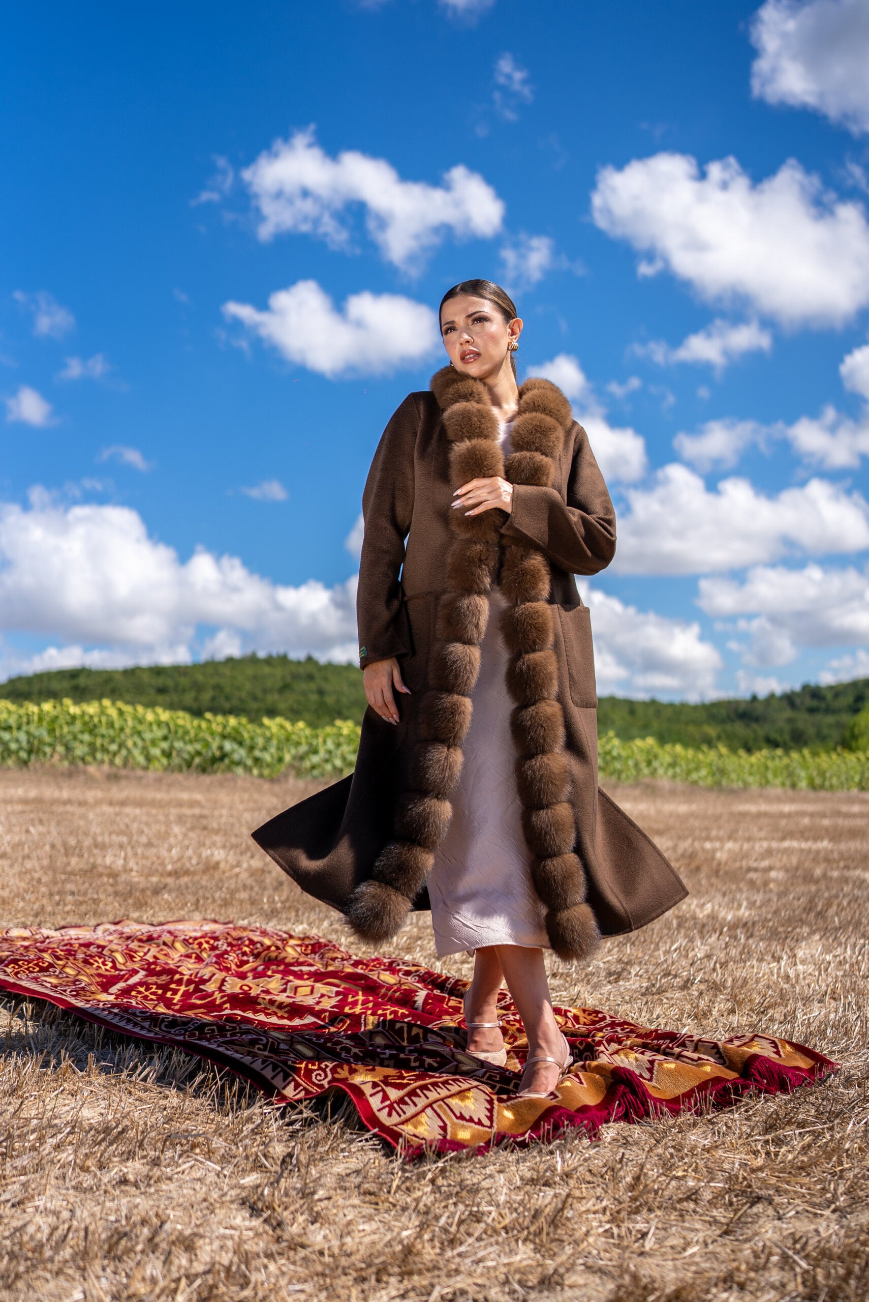 Straight-Cut Women’s Coat Made from Alpaca Wool with Patchwork Fox Fur -9220 Z F-
